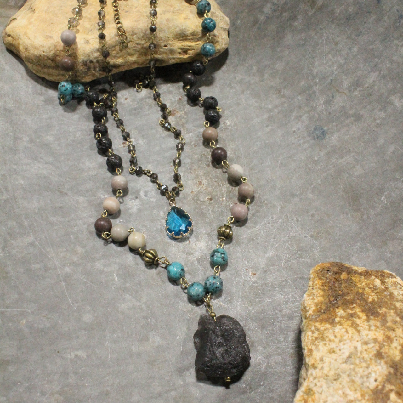 Bohemian Crystal & Black Tourmaline Stone Drop Layered Necklace