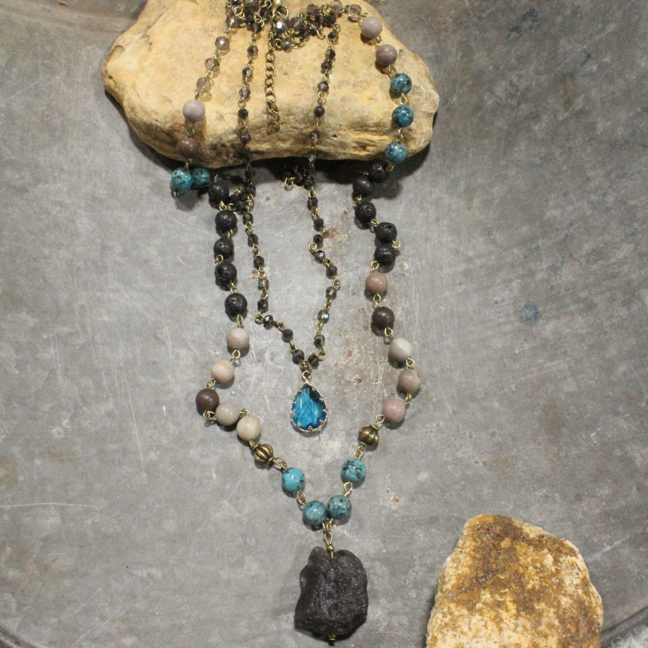Bohemian Crystal & Black Tourmaline Stone Drop Layered Necklace