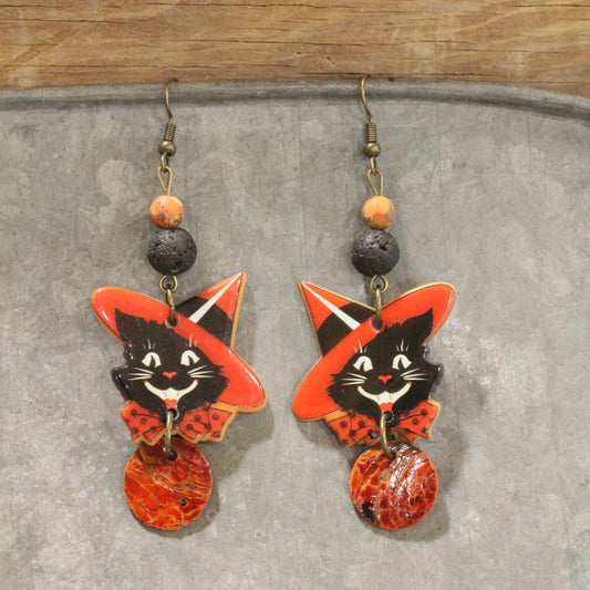 Witch's Hat Black Cat Earrings