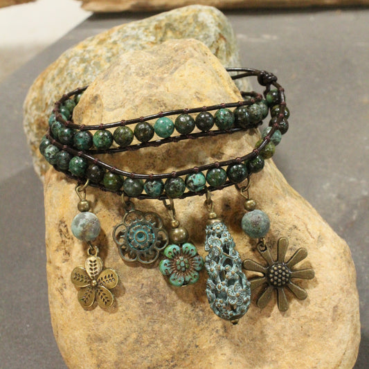 Just Charming Flower Leather & Stone Wrap Bracelet