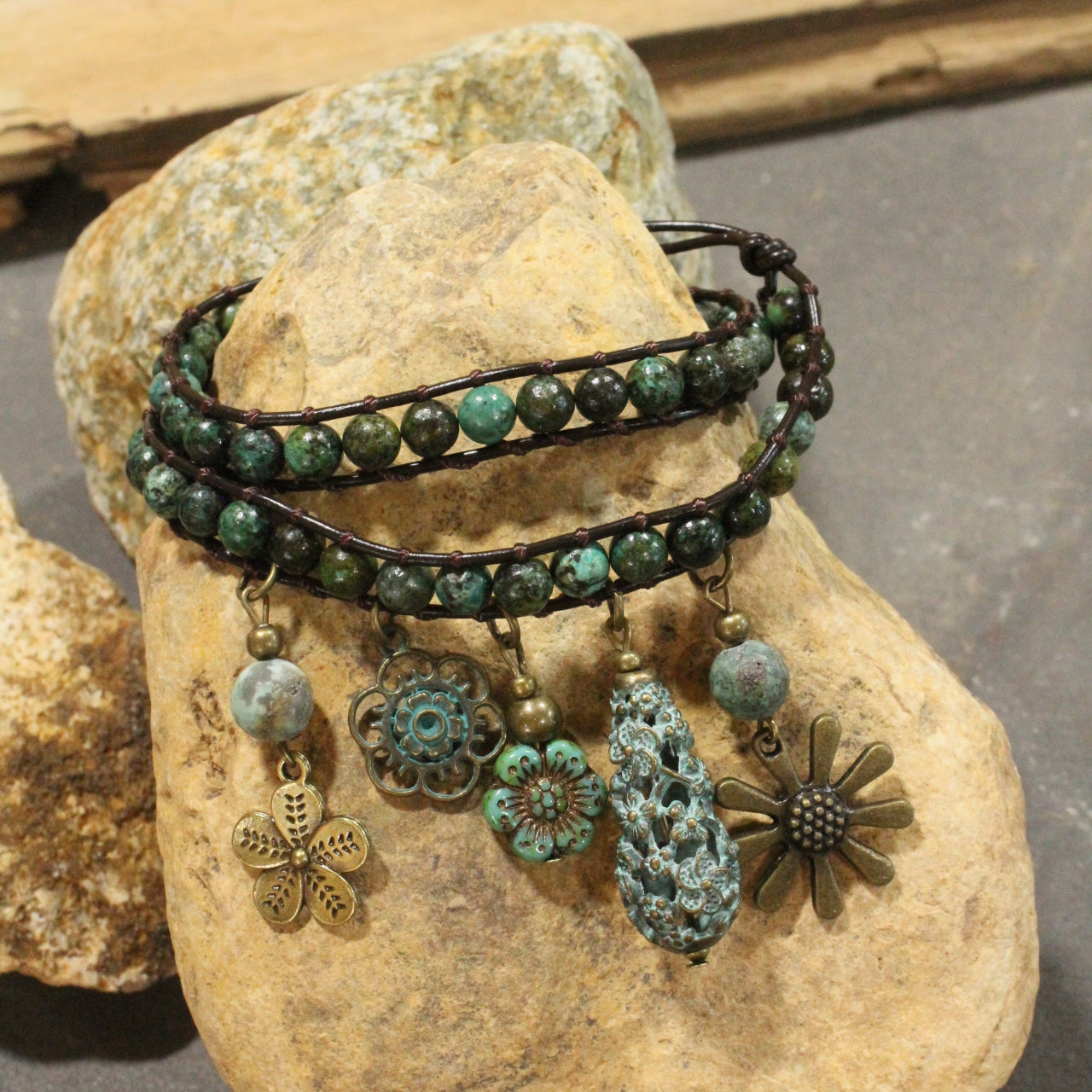 Just Charming Flower Leather & Stone Wrap Bracelet