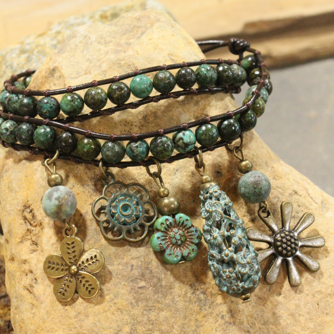 Just Charming Flower Leather & Stone Wrap Bracelet