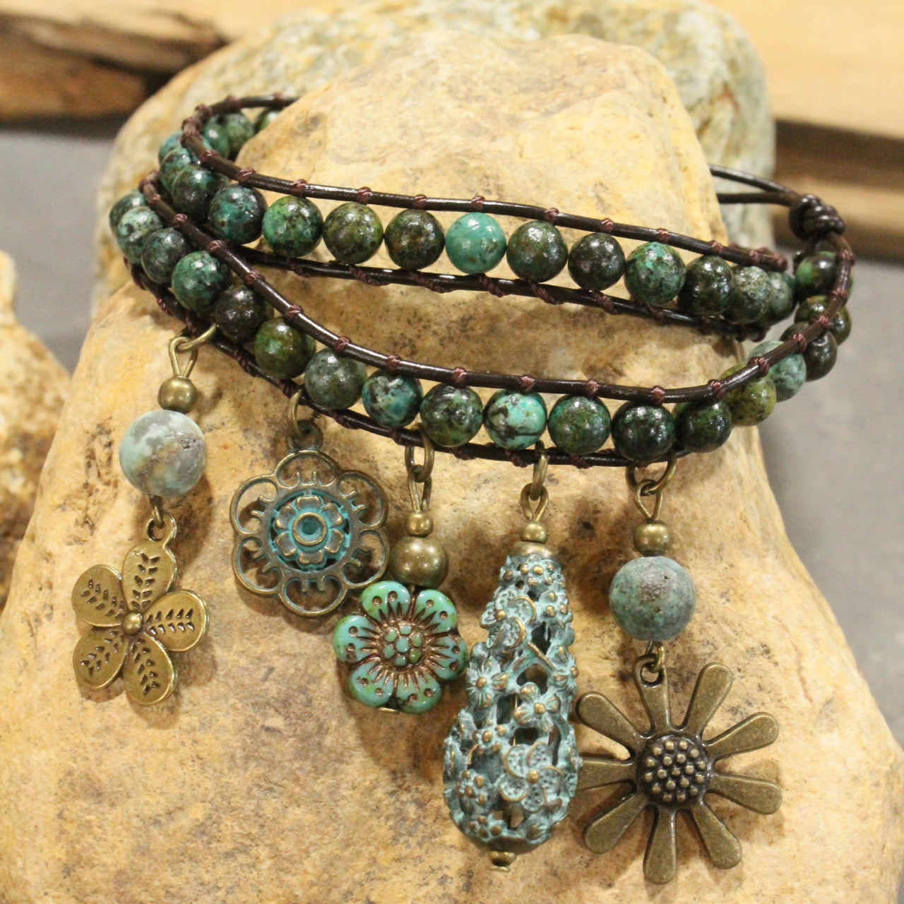 Just Charming Flower Leather & Stone Wrap Bracelet