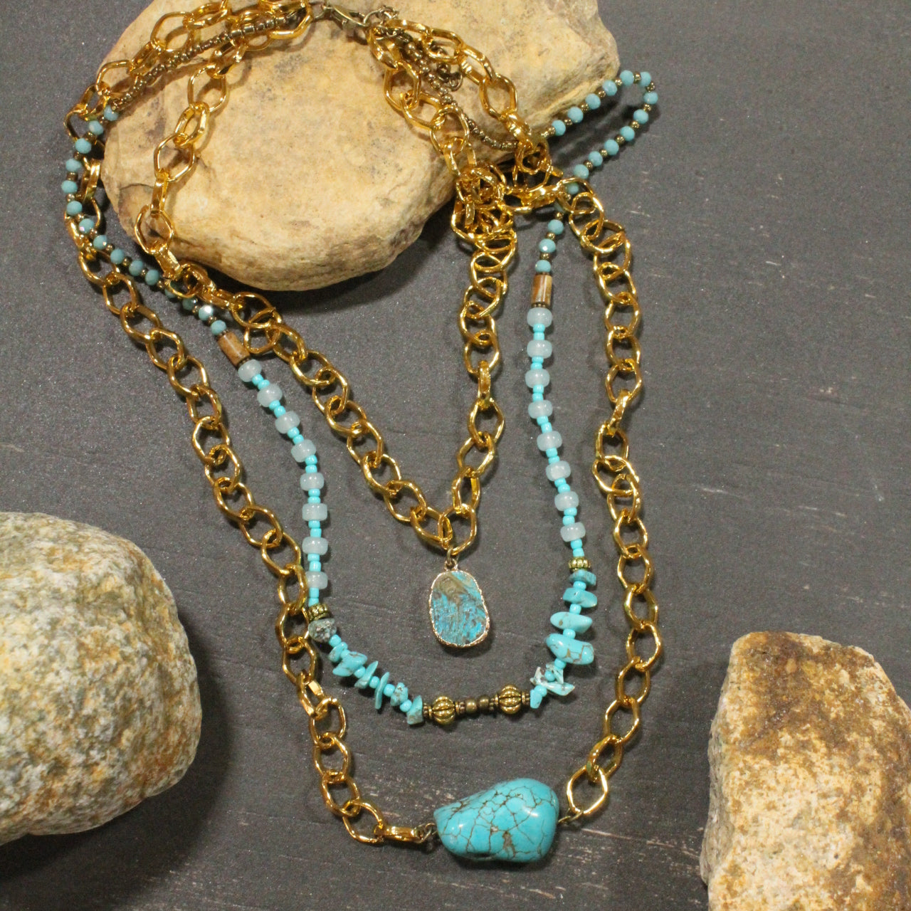 Golden Rays Turquoise Stone Layered Necklace