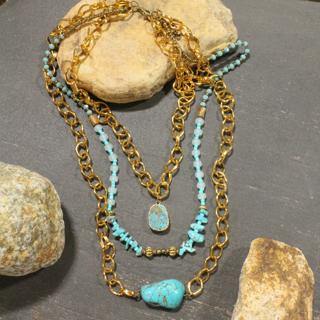 Golden Rays Turquoise Stone Layered Necklace