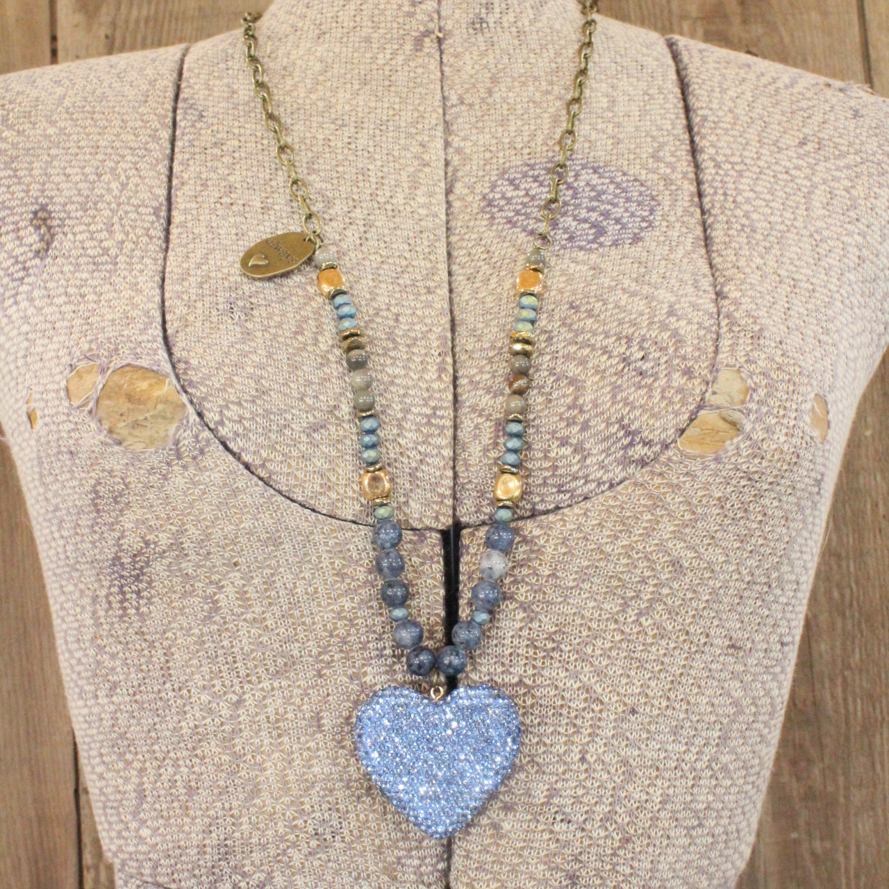 Retro Blue Dazzling Heart & Stone Bead Necklace