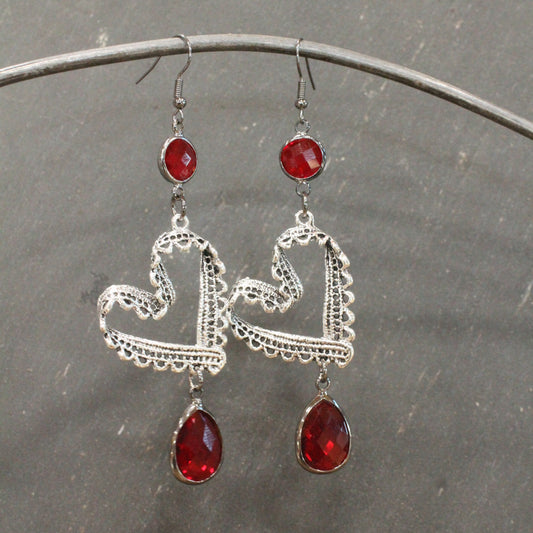 Laced In Love Red Dangle Drop Earrings