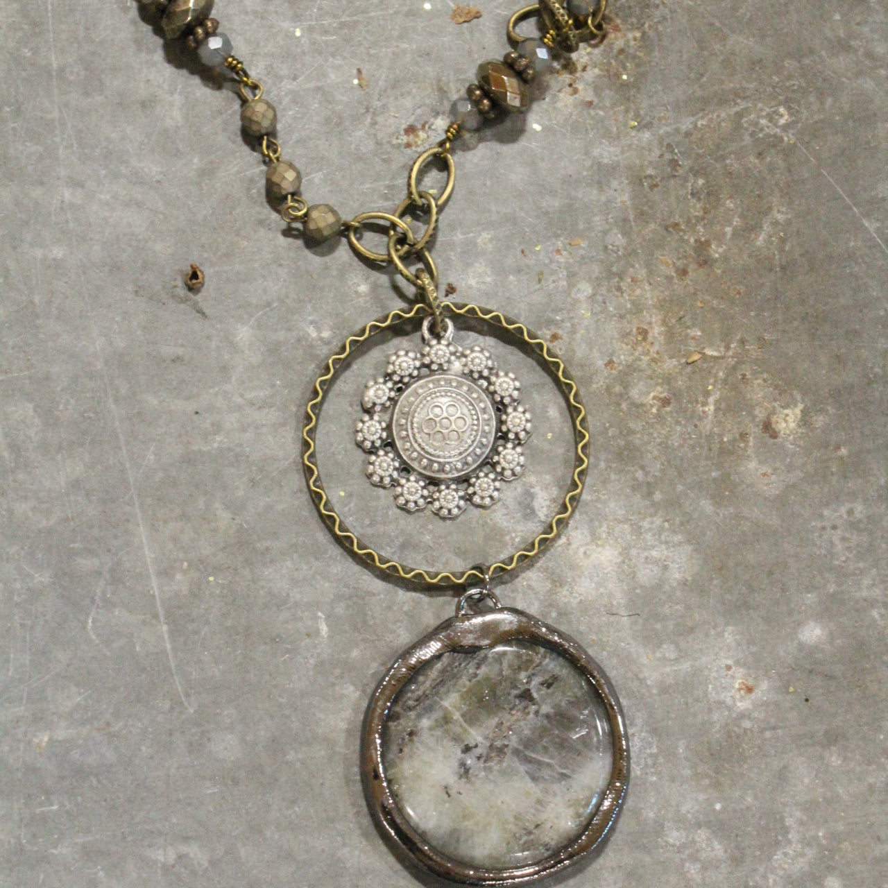 Rich Nickel & Bronze Pendant Stone Drop Necklace