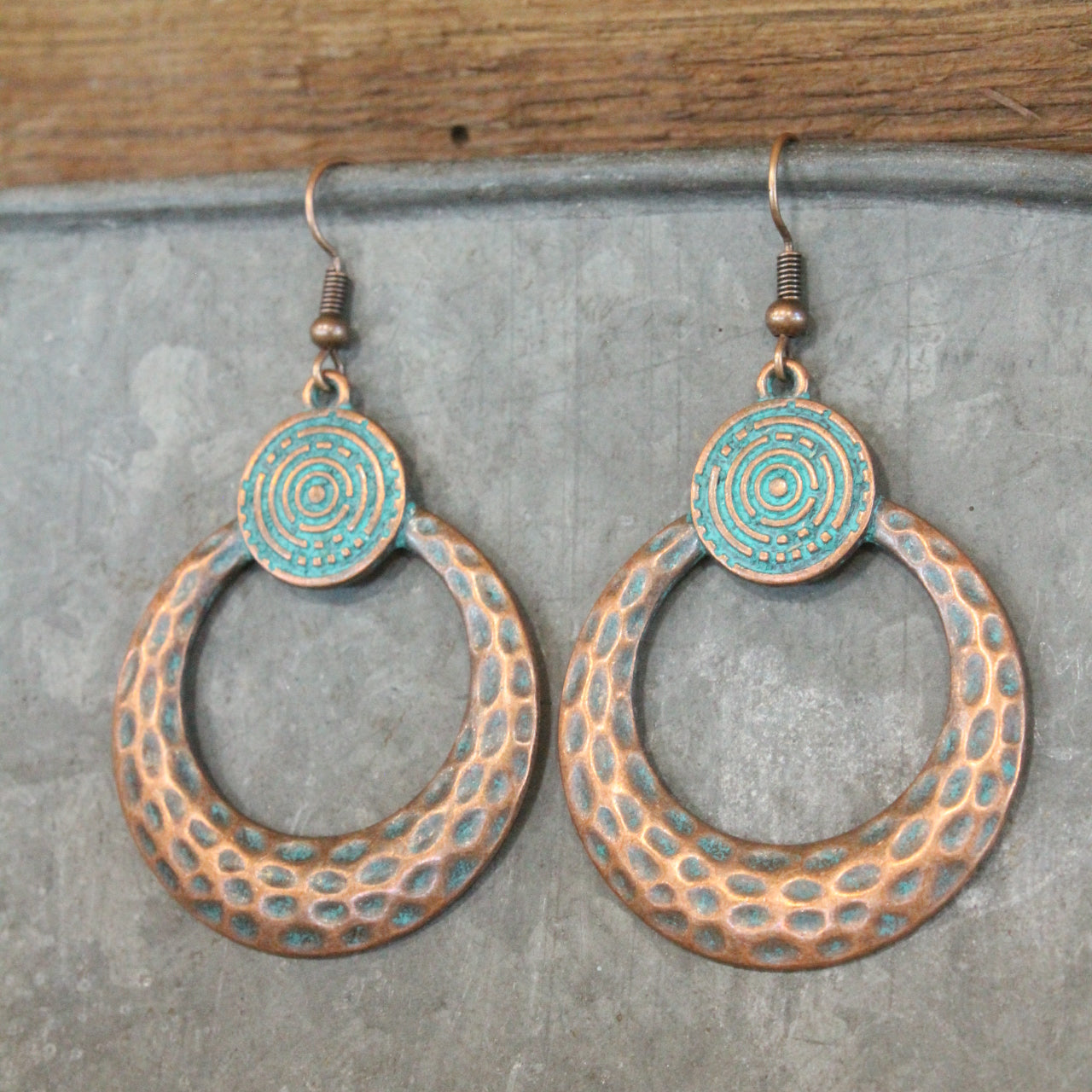 Double Loop Antique Copper Hammered Drop Earrings