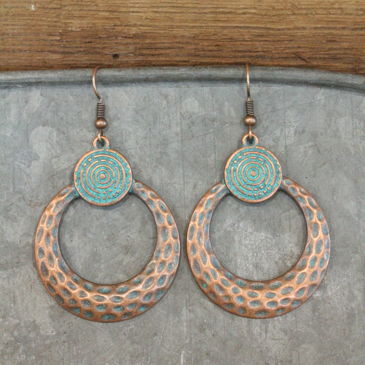 Double Loop Antique Copper Hammered Drop Earrings