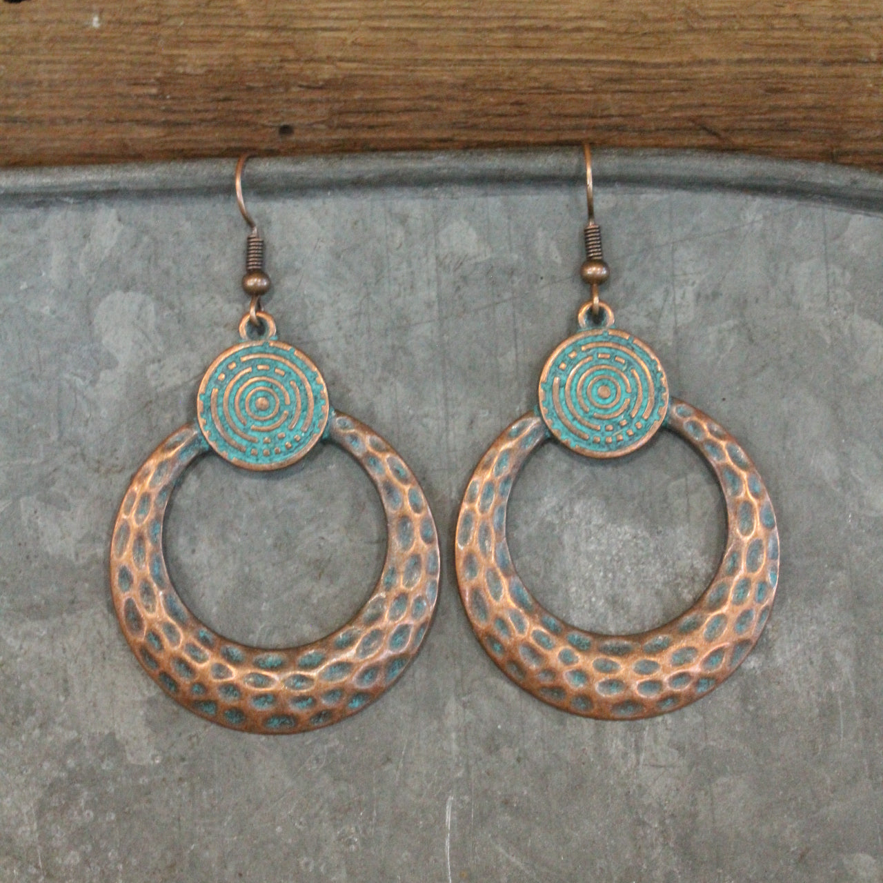 Double Loop Antique Copper Hammered Drop Earrings