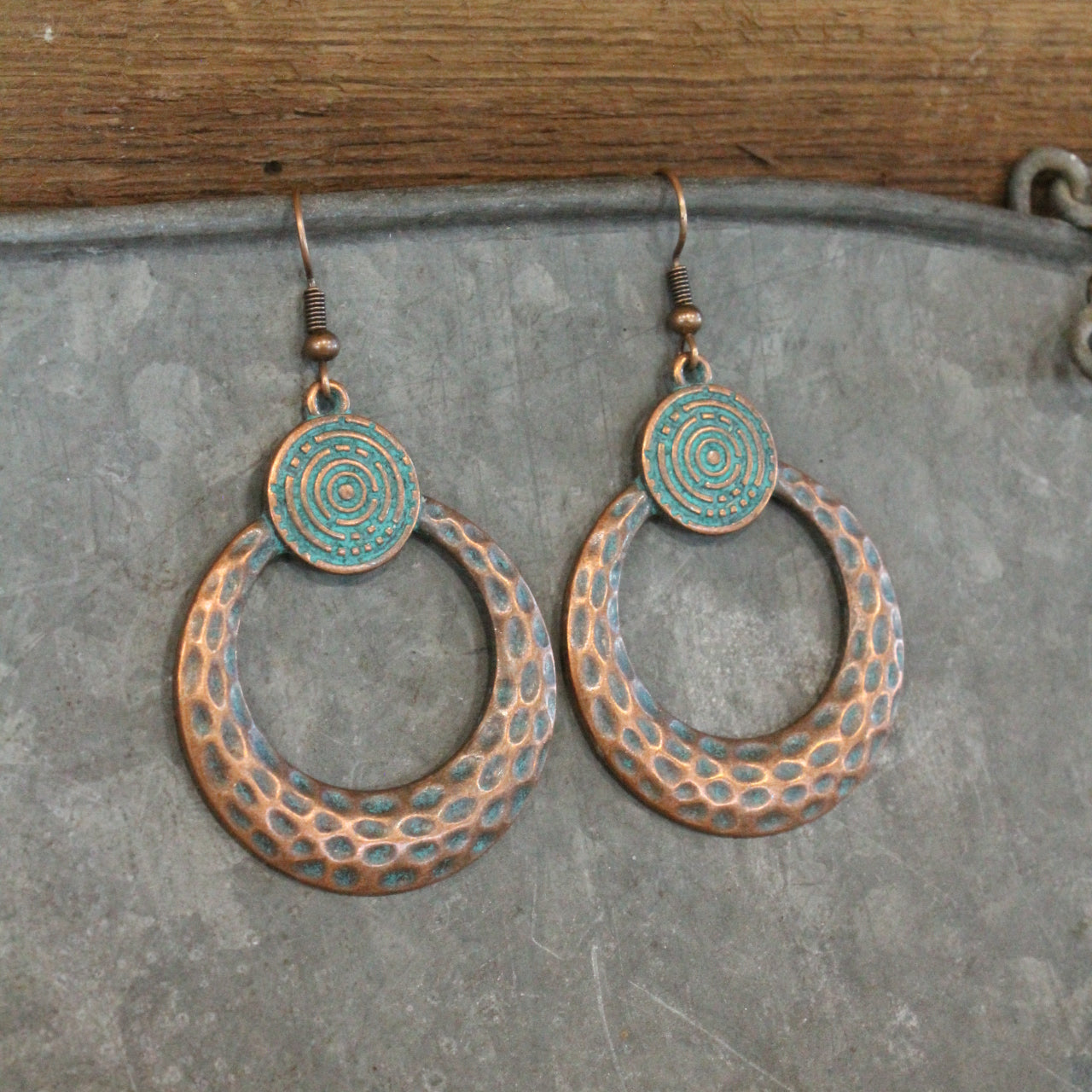 Double Loop Antique Copper Hammered Drop Earrings