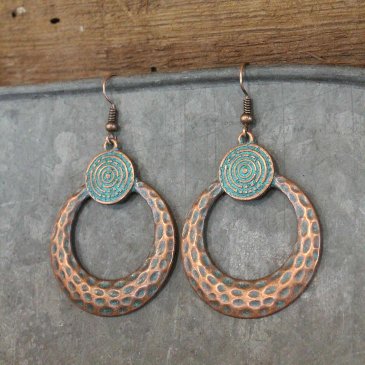 Double Loop Antique Copper Hammered Drop Earrings