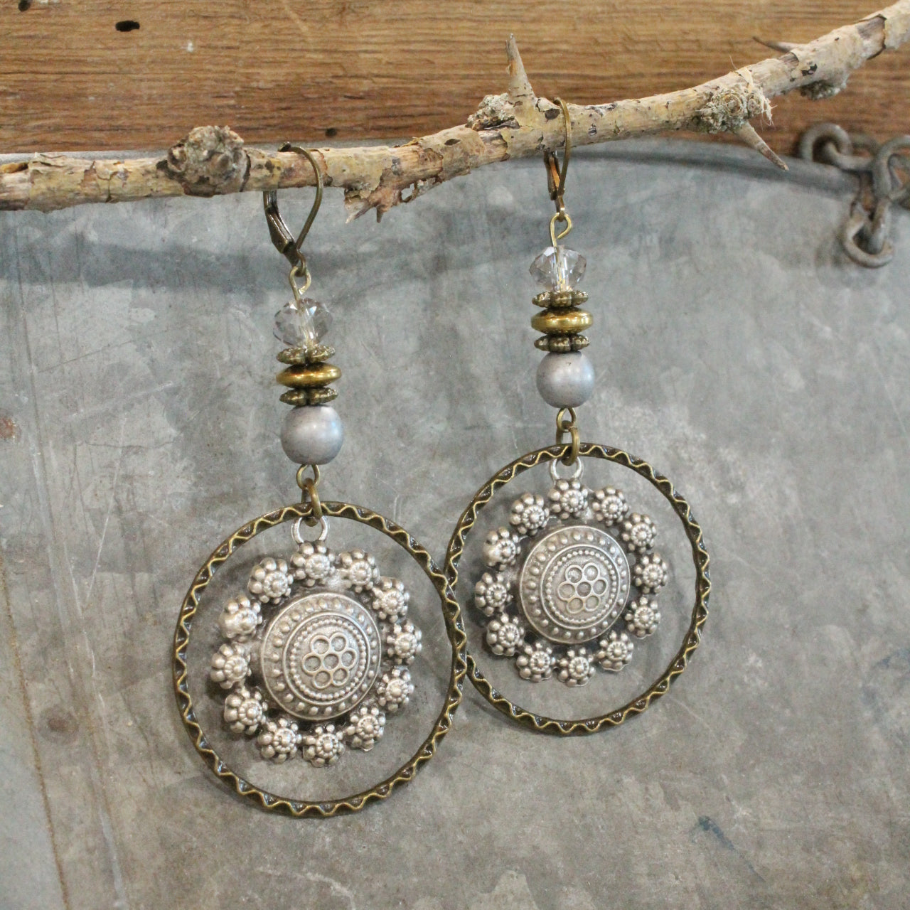 Rich Nickel & Bronze Pendant Stone Drop Earrings