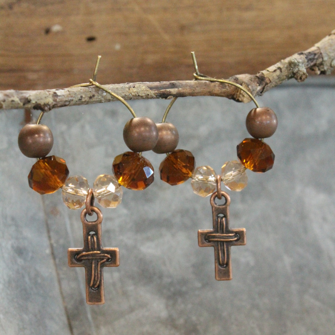 Vintage Distressed Bronze & Copper Pendant Cross Earrings