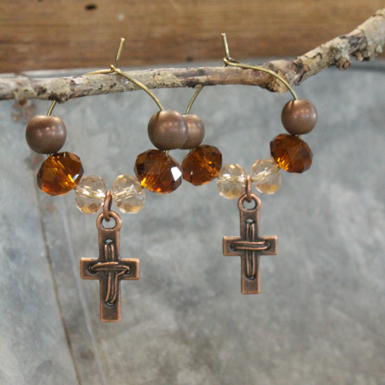 Vintage Distressed Bronze & Copper Pendant Cross Earrings