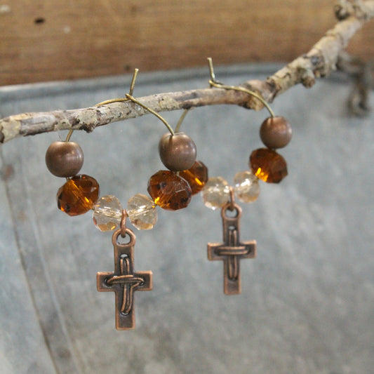 Vintage Distressed Bronze & Copper Pendant Cross Earrings