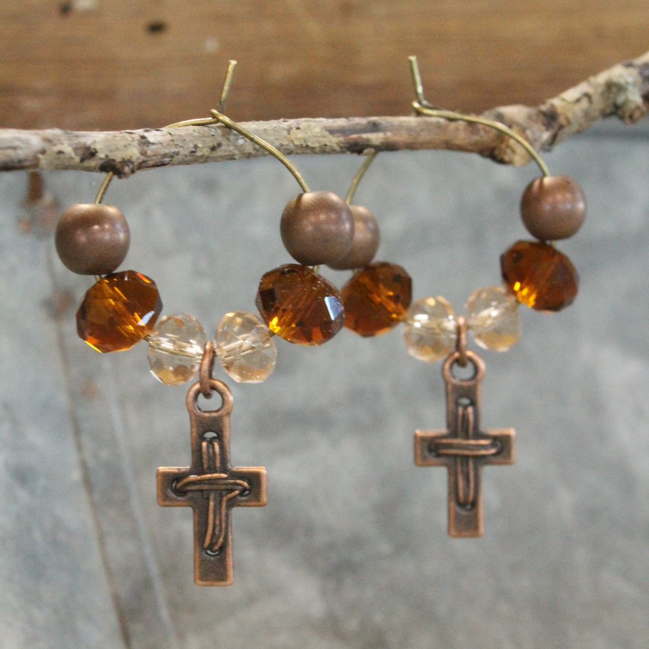 Vintage Distressed Bronze & Copper Pendant Cross Earrings