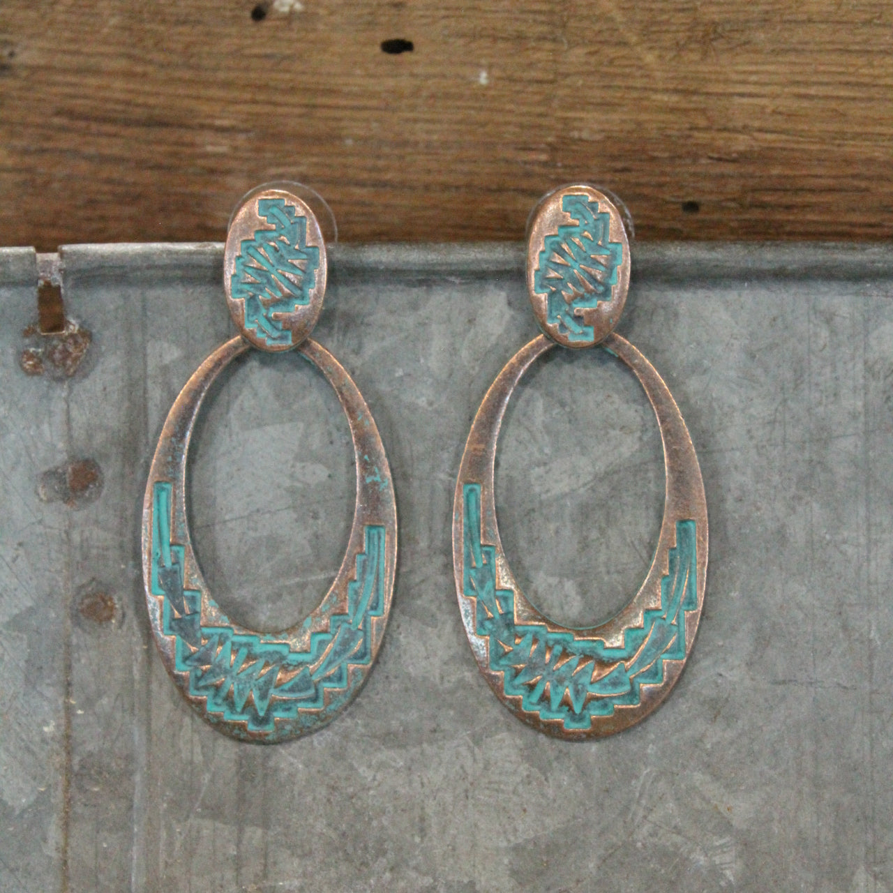 Oval Loops Antique Copper Hammered Drop Earrings