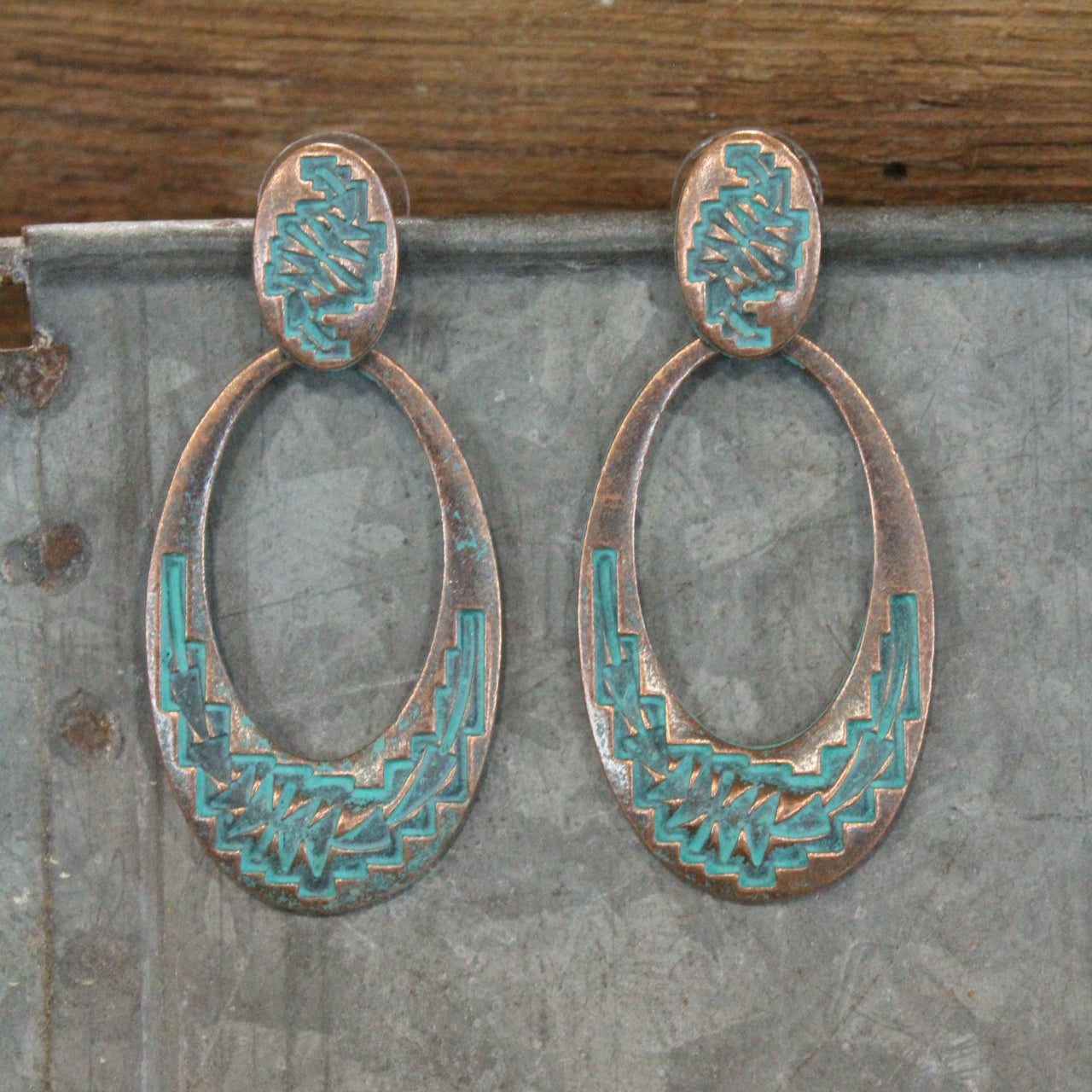 Oval Loops Antique Copper Hammered Drop Earrings