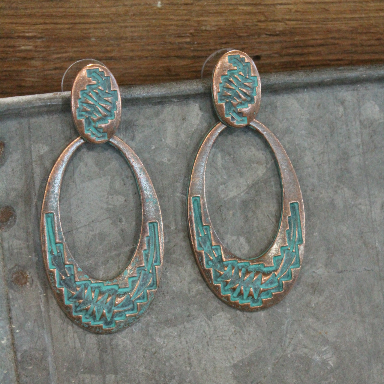 Oval Loops Antique Copper Hammered Drop Earrings