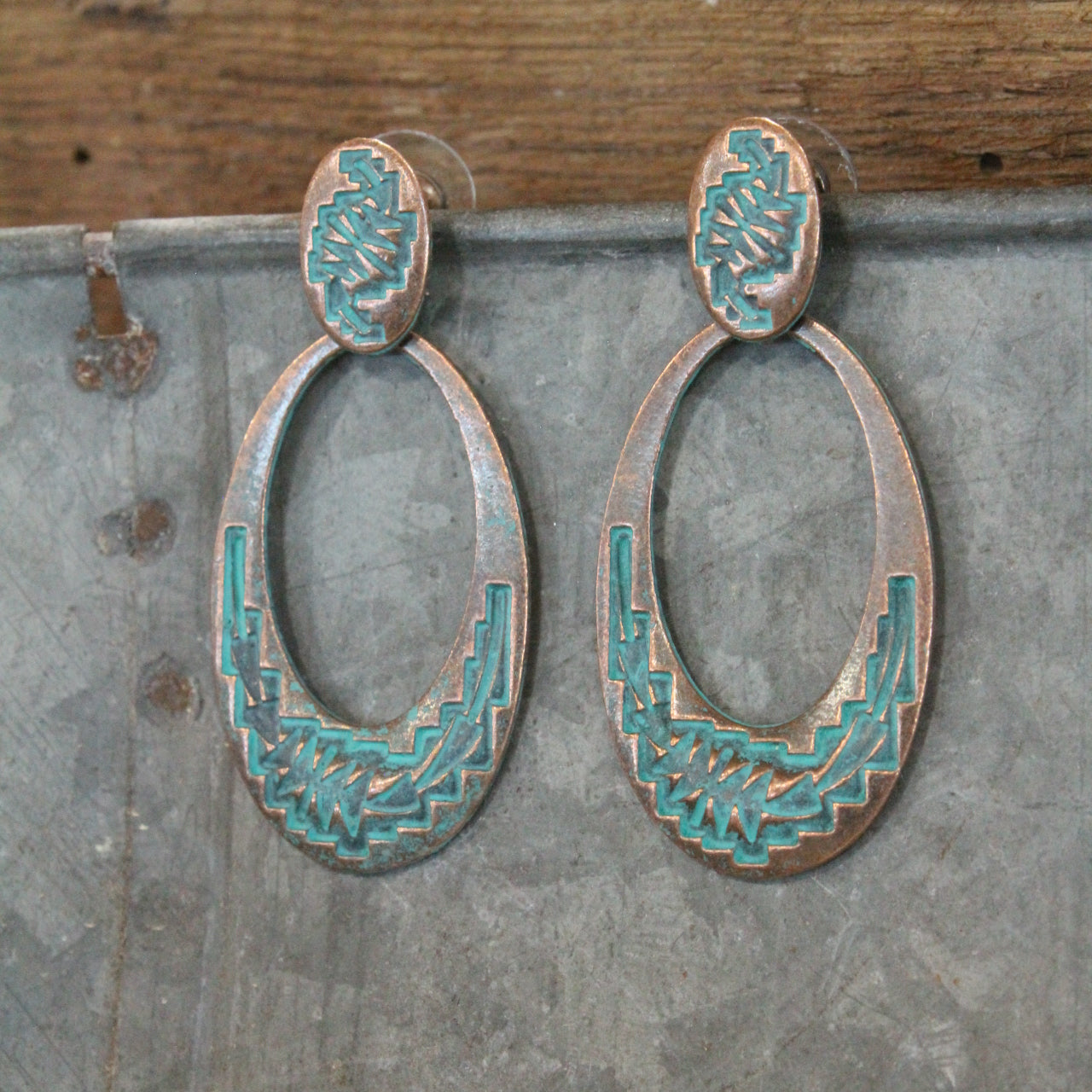 Oval Loops Antique Copper Hammered Drop Earrings