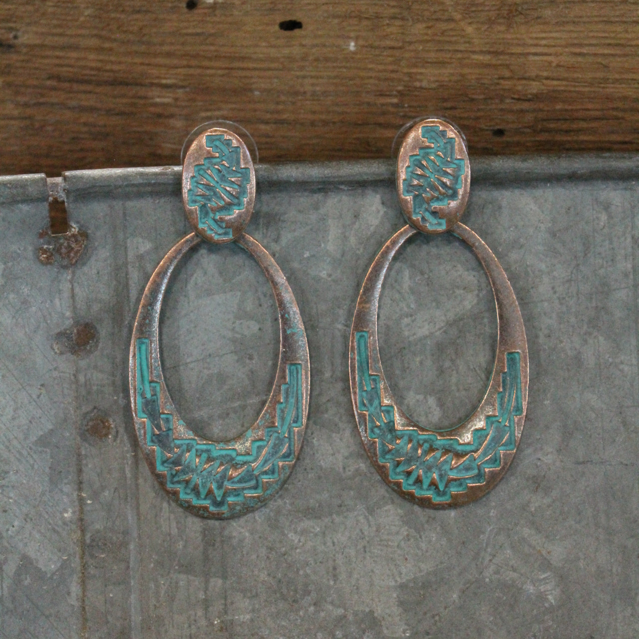 Oval Loops Antique Copper Hammered Drop Earrings