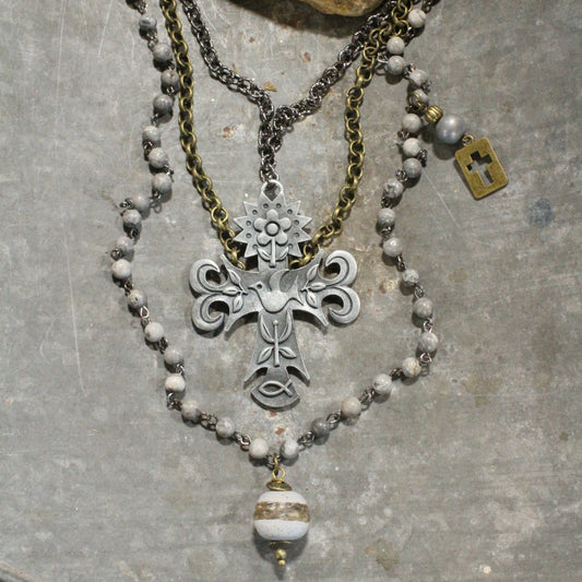 Vintage Platinum & Bronze Pendant Cross Layered Necklace