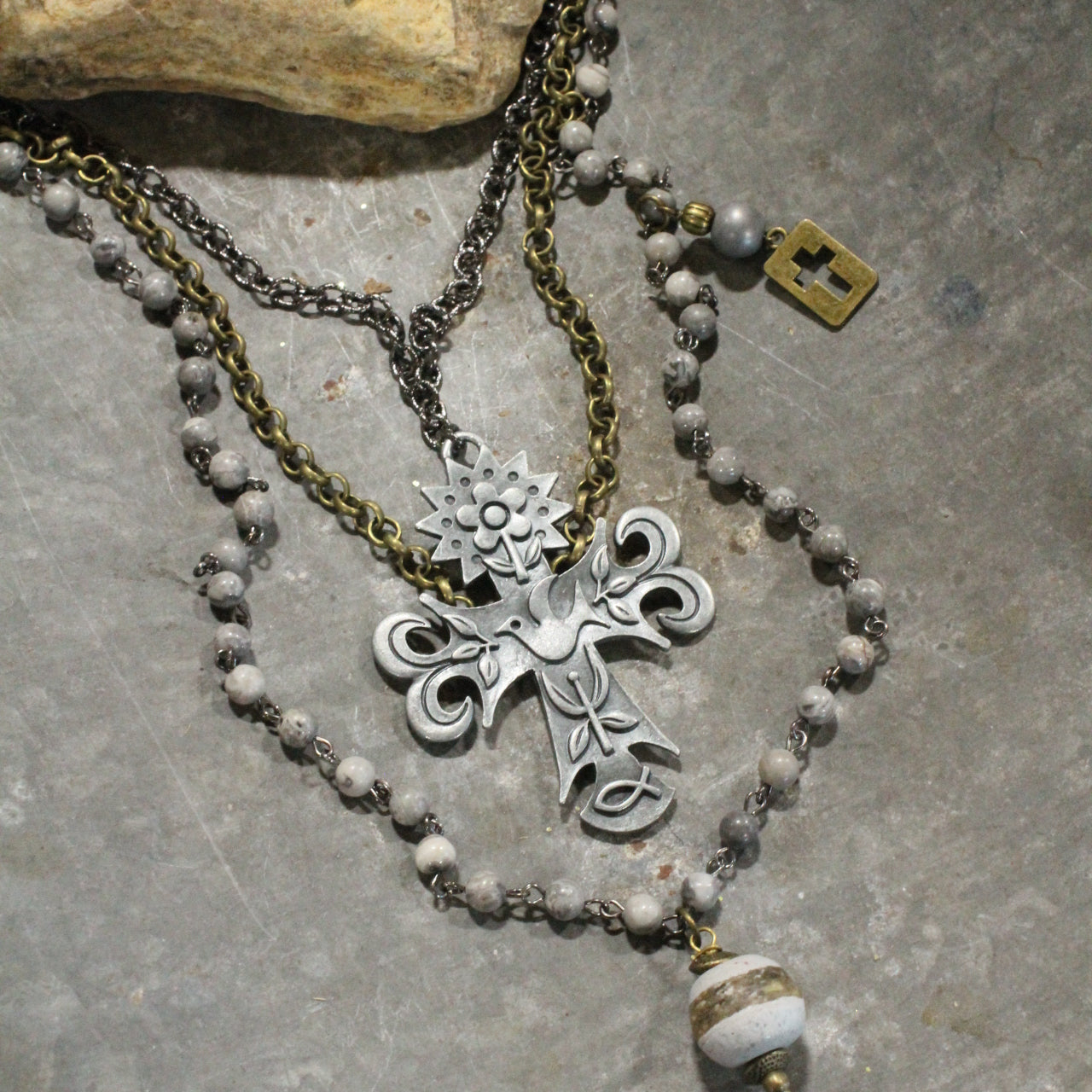 Vintage Platinum & Bronze Pendant Cross Layered Necklace