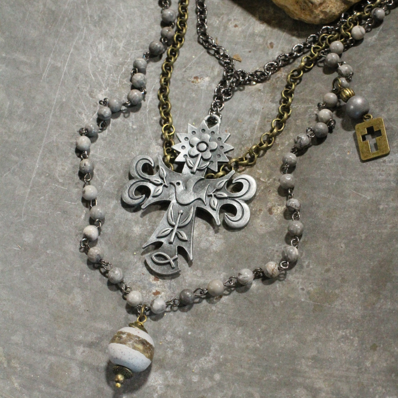 Vintage Platinum & Bronze Pendant Cross Layered Necklace