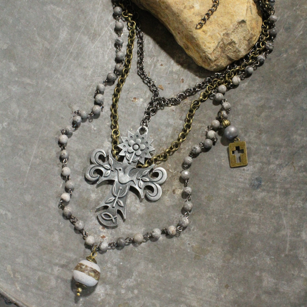 Vintage Platinum & Bronze Pendant Cross Layered Necklace