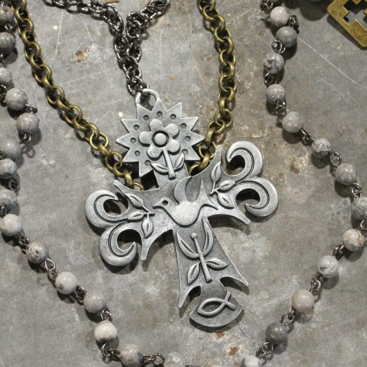 Vintage Platinum & Bronze Pendant Cross Layered Necklace