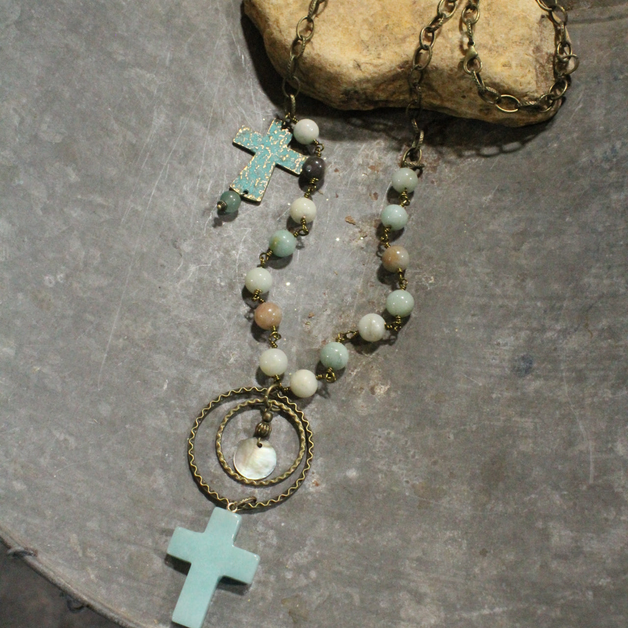 Amazonite Stone & Patina Cross Charm Necklace