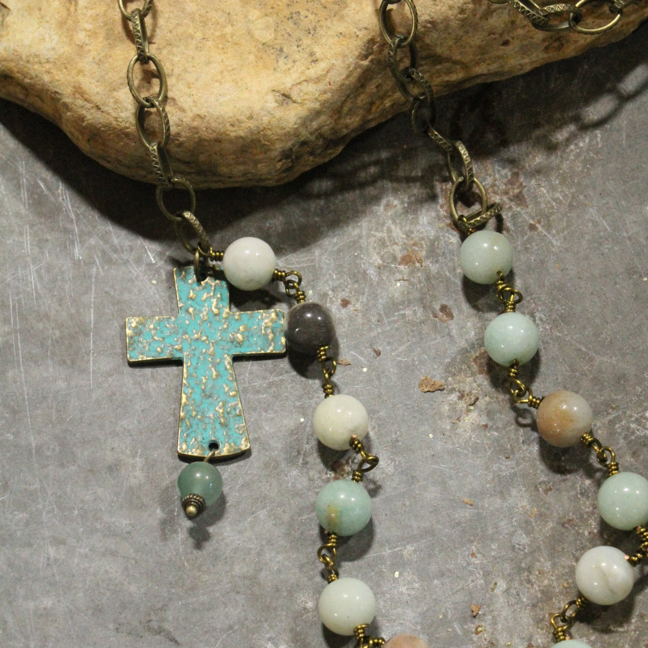Amazonite Stone & Patina Cross Charm Necklace
