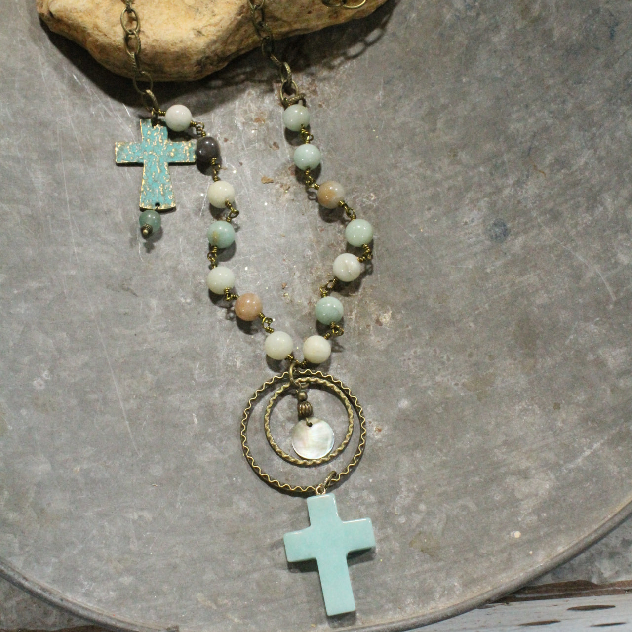 Amazonite Stone & Patina Cross Charm Necklace
