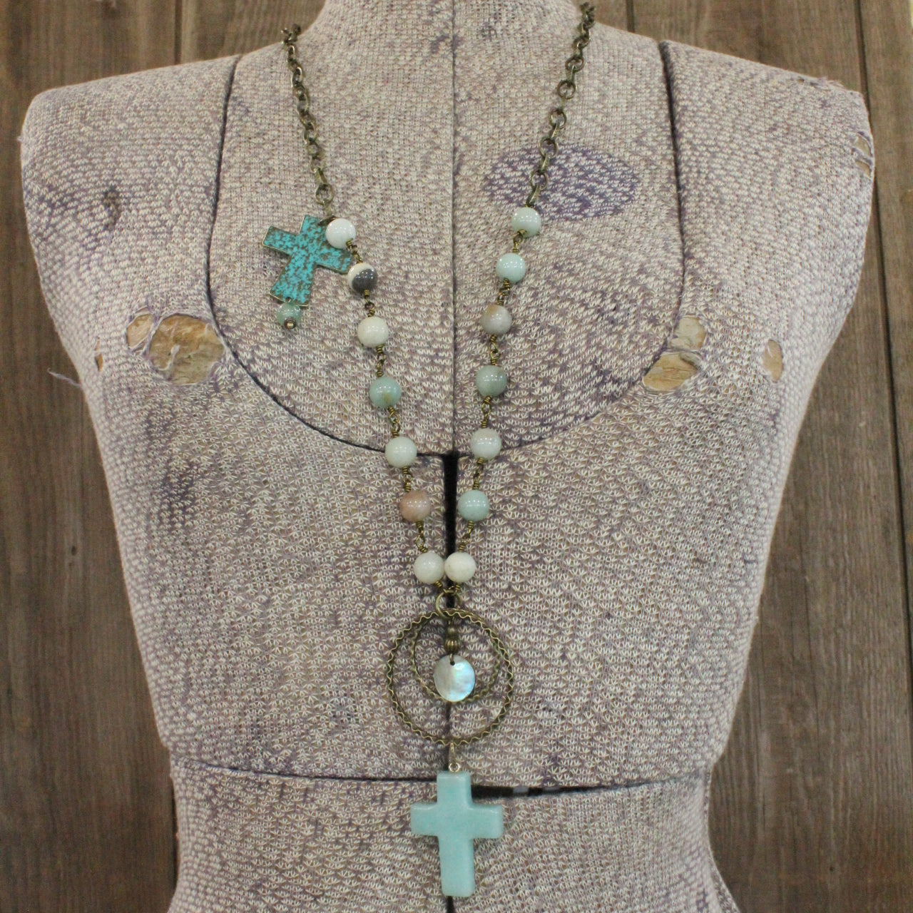Amazonite Stone & Patina Cross Charm Necklace