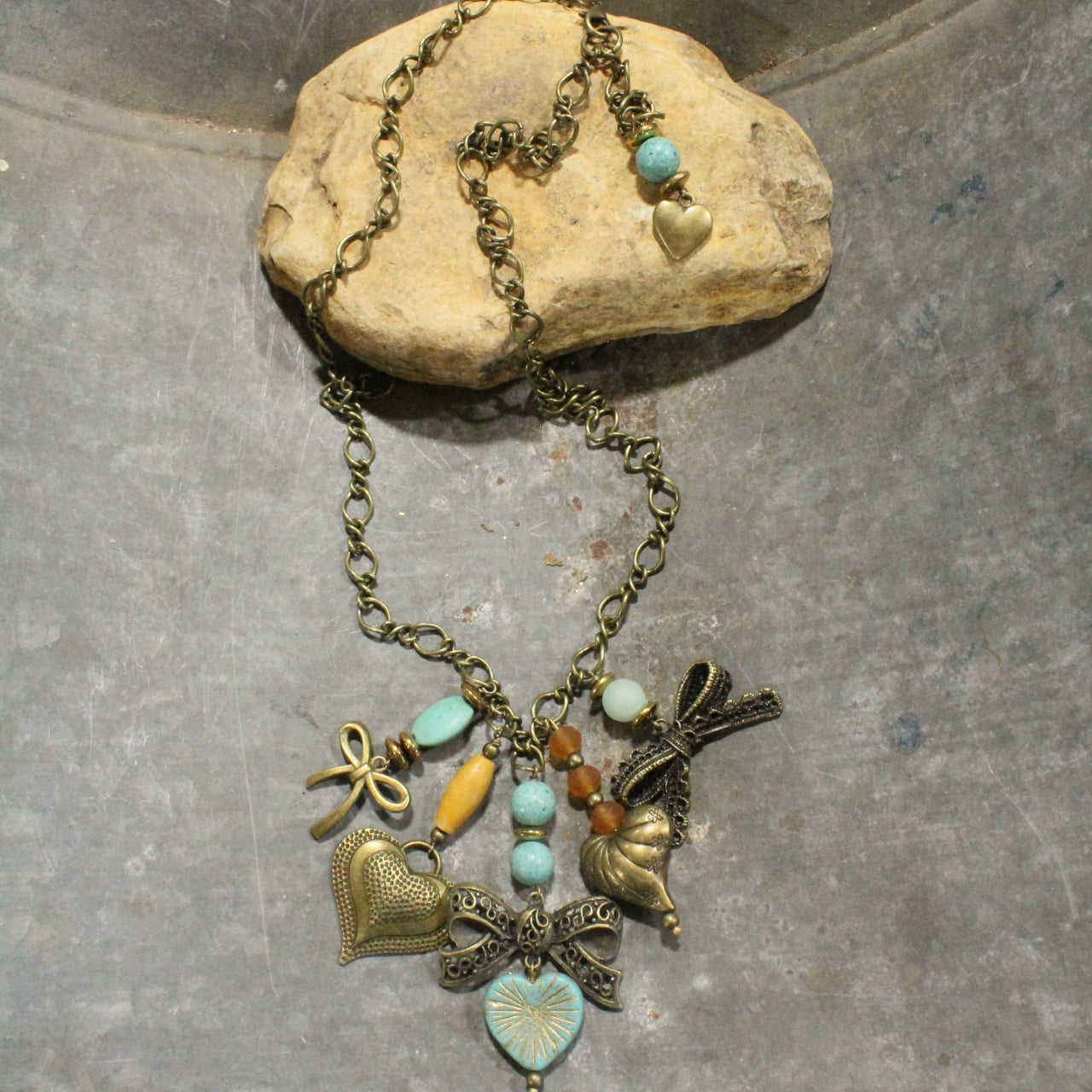 Czech Heart & Bronze Ribbons Charm Necklace