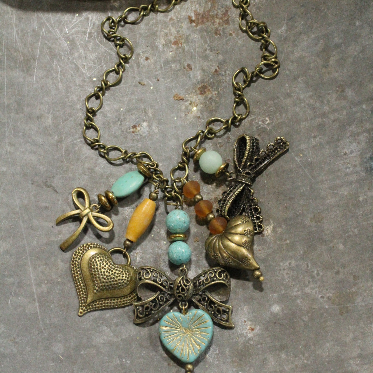 Czech Heart & Bronze Ribbons Charm Necklace