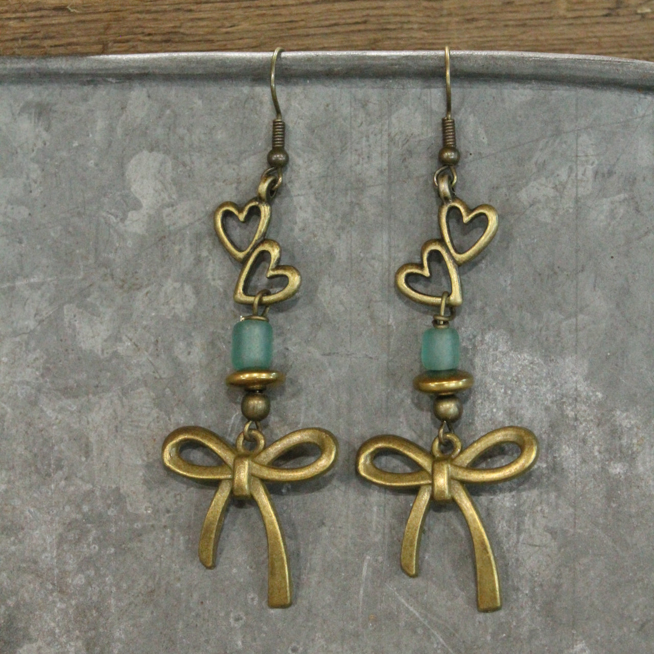 Heart & Bronze Ribbons Charm Earrings