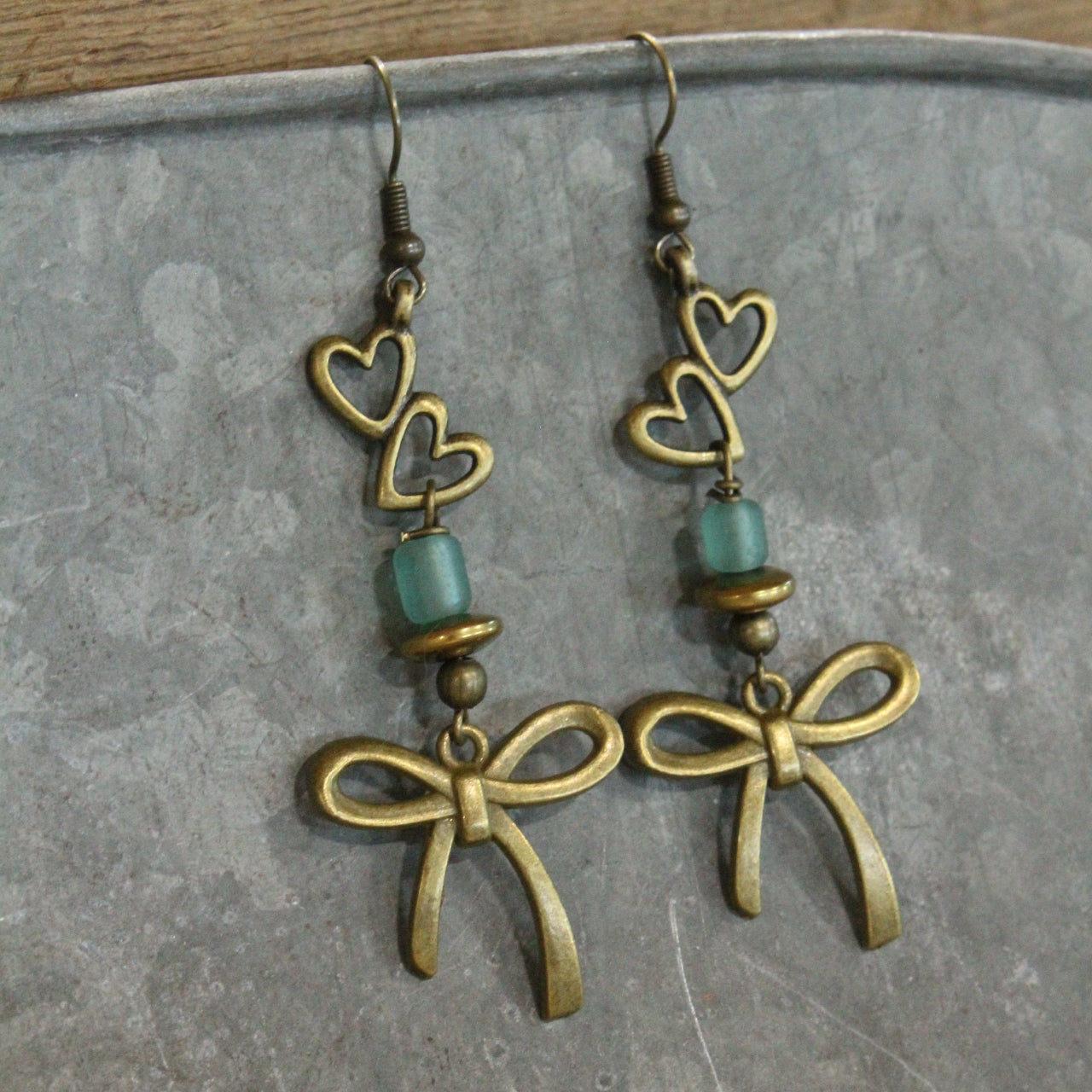 Heart & Bronze Ribbons Charm Earrings