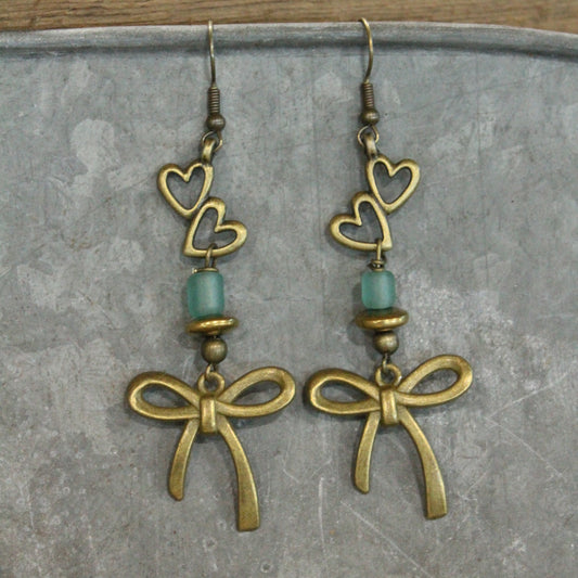 Heart & Bronze Ribbons Charm Earrings