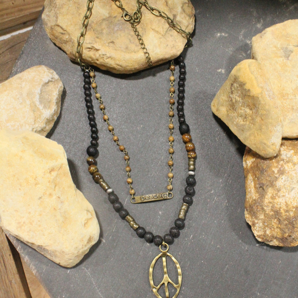 Pleasingly Peace Black Layered Necklace