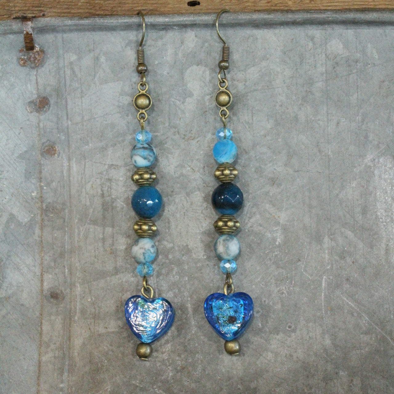 Dropping Hearts & Vintage Blue Glass Earrings