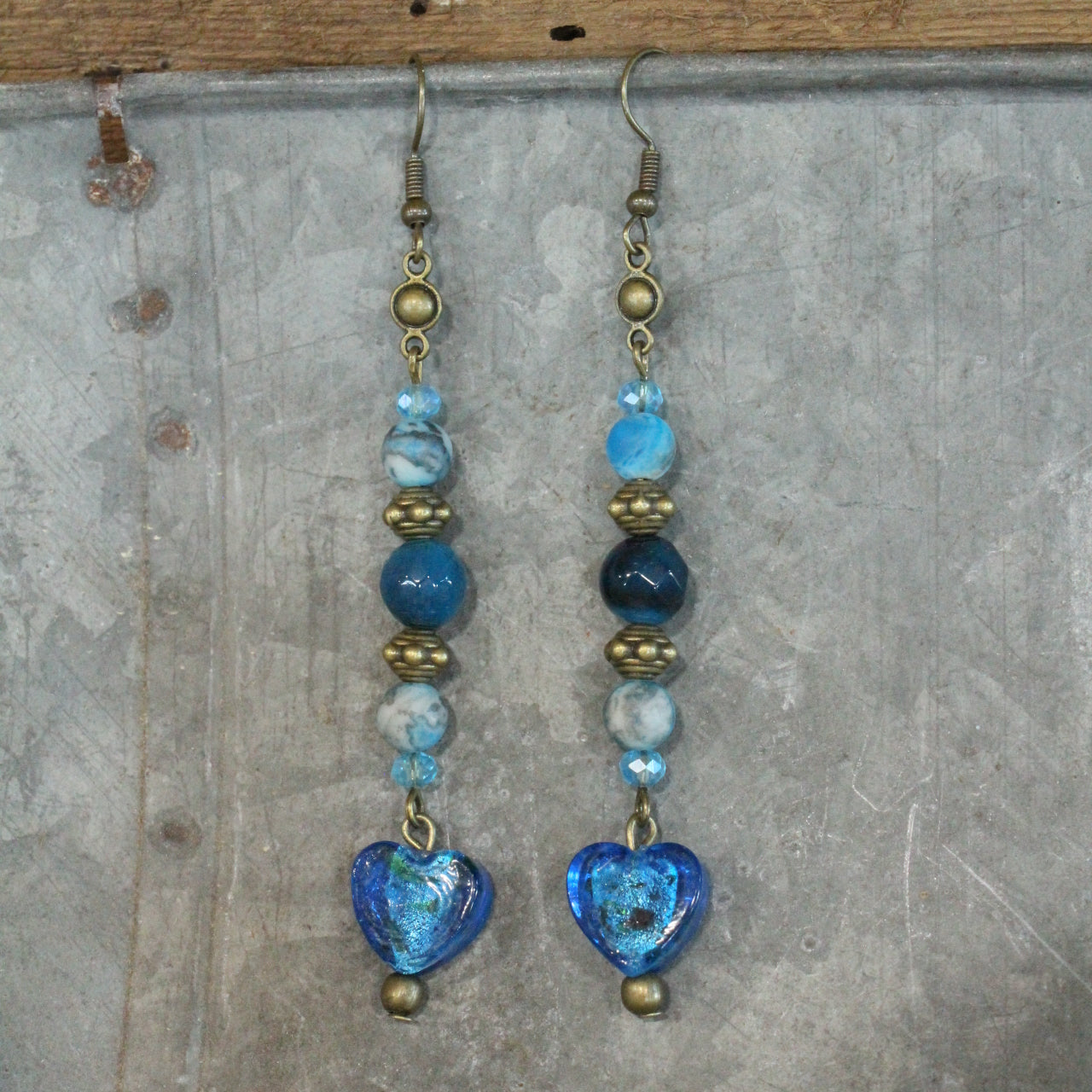 Dropping Hearts & Vintage Blue Glass Earrings