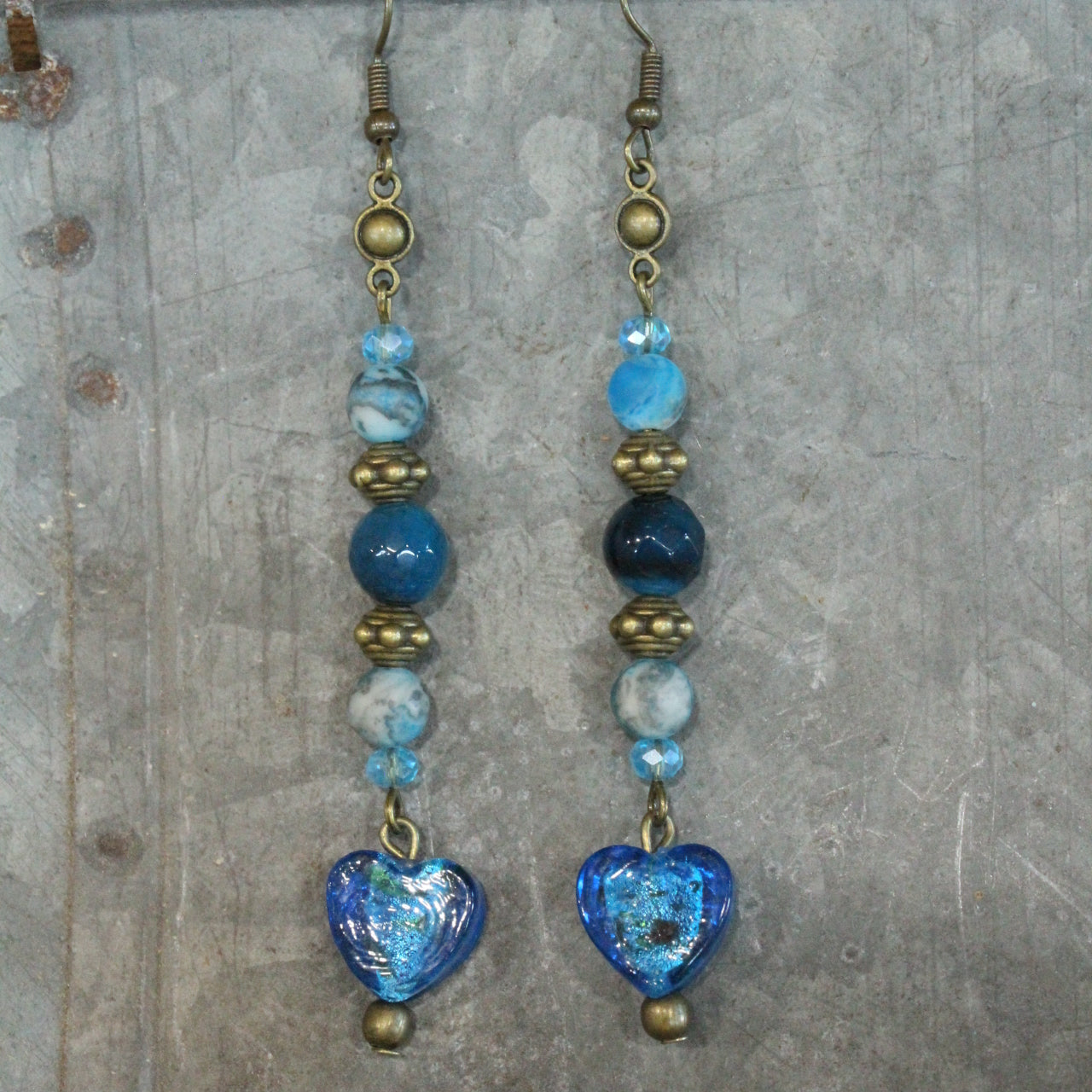 Dropping Hearts & Vintage Blue Glass Earrings