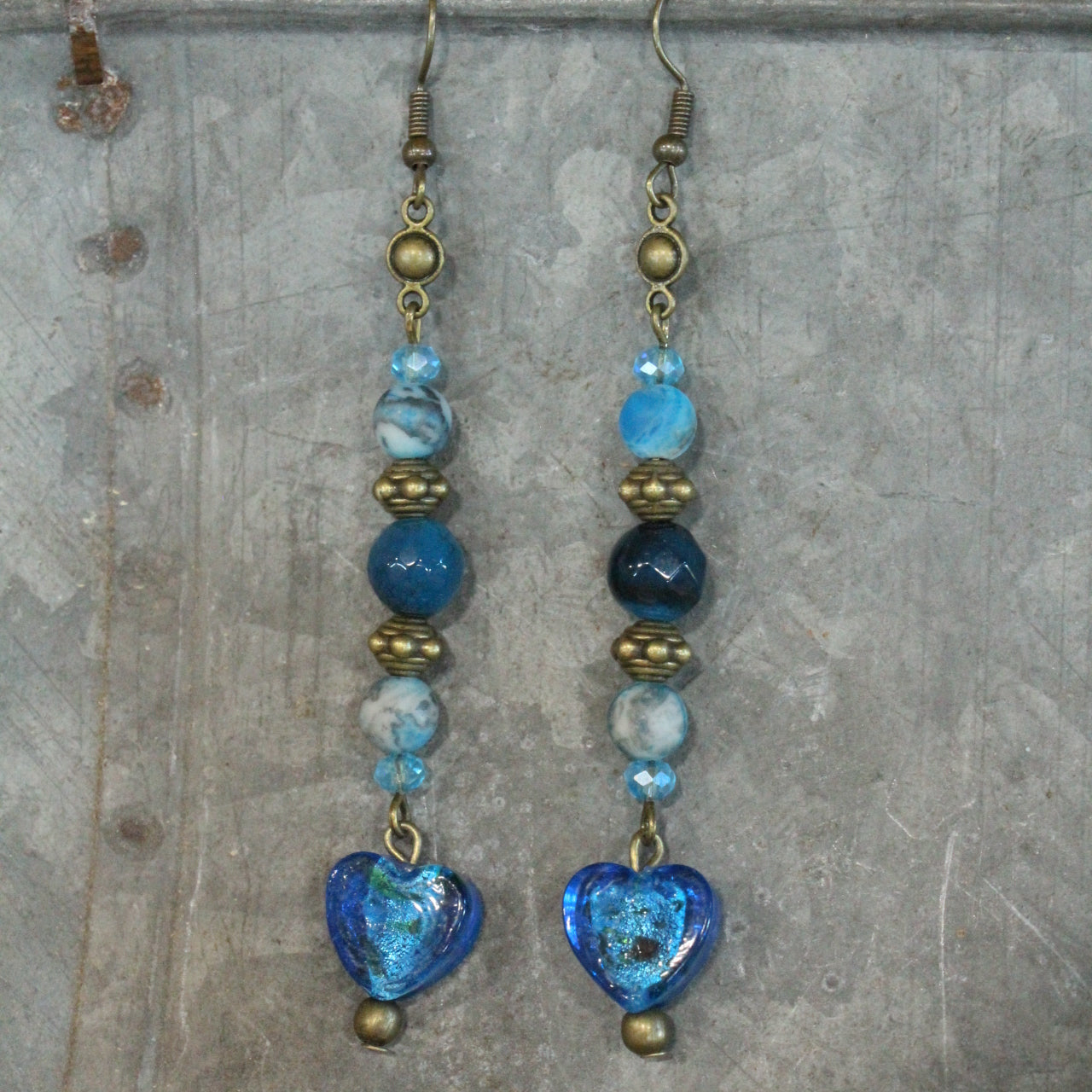 Dropping Hearts & Vintage Blue Glass Earrings