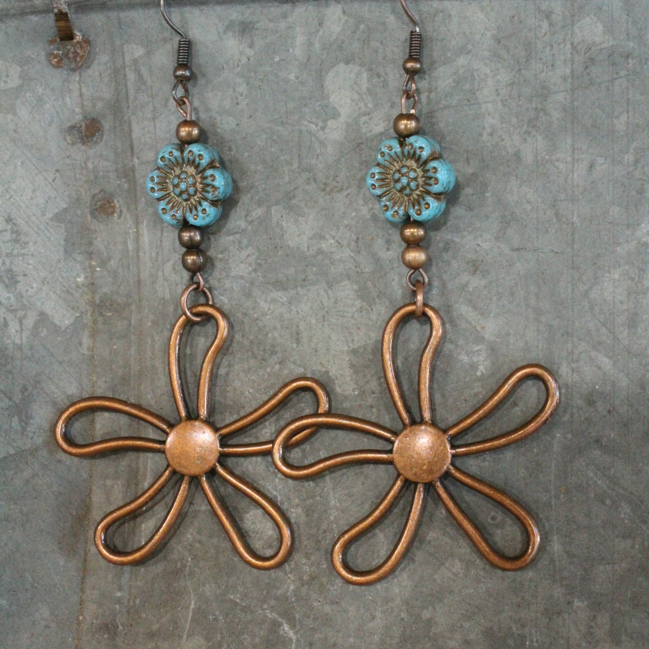 Patina Blue & Copper Flower Drop Czech Earrings
