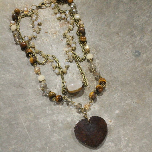 Triple Layers of Love Brown Stone Heart  Necklace