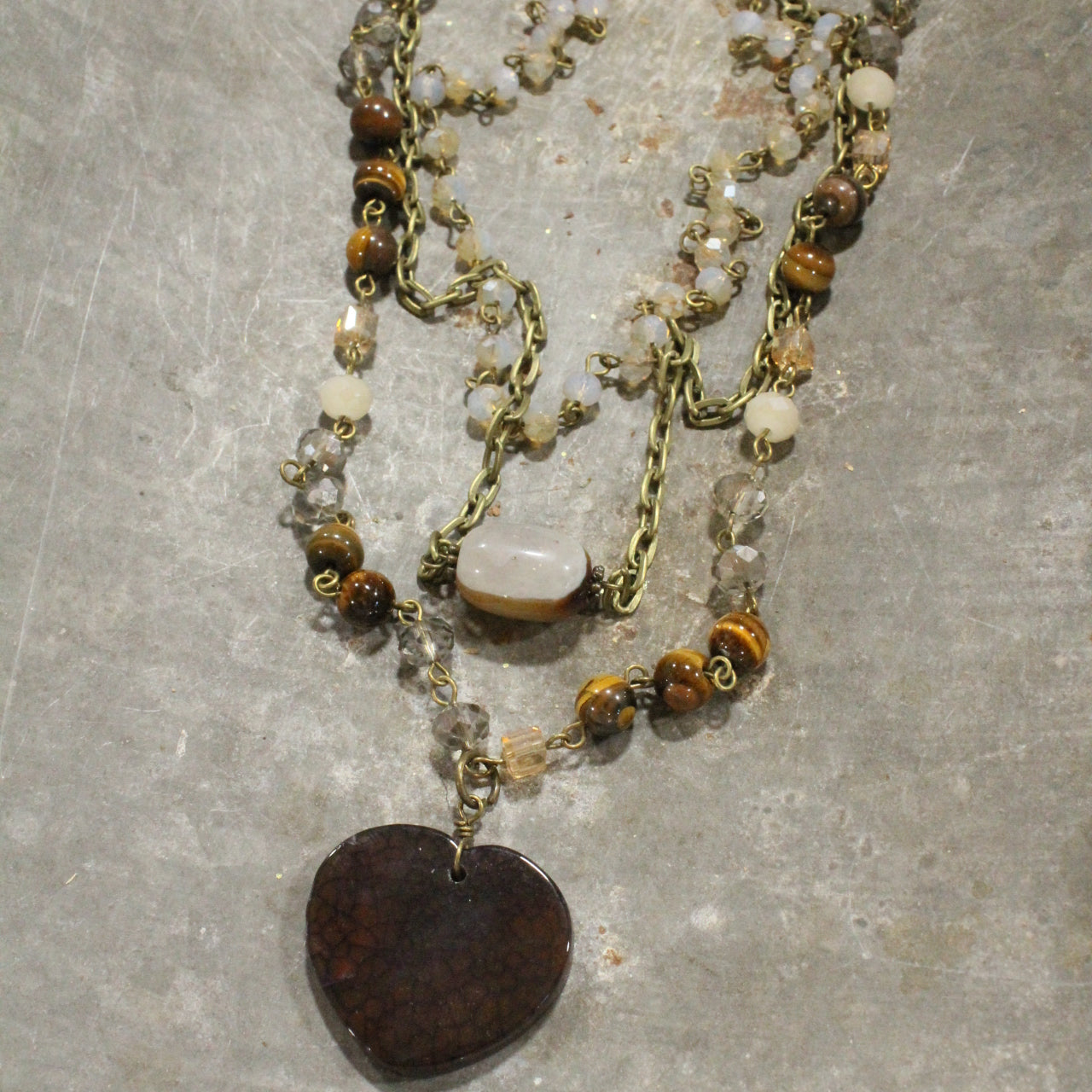 Triple Layers of Love Brown Stone Heart  Necklace