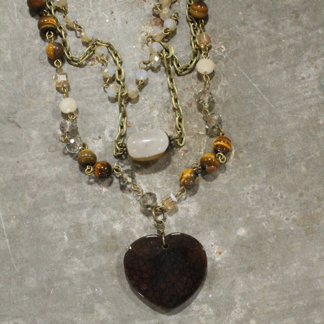 Triple Layers of Love Brown Stone Heart  Necklace